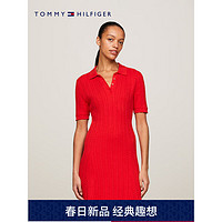 TOMMY HILFIGER24春季女装纯棉时尚绞花修身POLO针织连衣裙WW0WW41748 红色XND XL