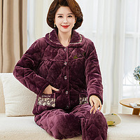 南极人 中老年妈妈睡衣女秋季冬加绒厚珊瑚绒三层夹棉保暖家居服套装2XL