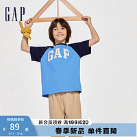 Gap男童2024春季纯棉logo撞色插肩袖短袖T恤儿童装上衣890474 蓝色 120cm(XS)亚洲尺码