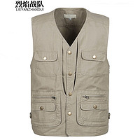 烈焰战队 马甲 男士中年秋季户外多口袋钓鱼马夹背心 中老年休闲纯棉坎肩 02款卡其色马甲 L(体重100-115斤)