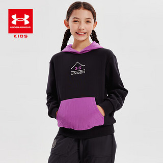 安德玛（Under Armour）女童加绒连帽卫衣秋冬儿童加厚保暖休闲宽松卫衣女大童撞色上衣 黑色 150cm