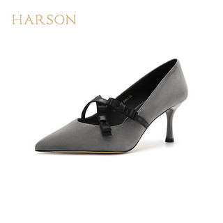 哈森2024绒面女鞋尖头细跟时装鞋浅口女单鞋HWS240193 黑色 羊反绒 38