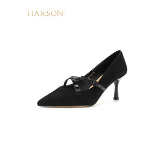 哈森2024绒面女鞋尖头细跟时装鞋浅口女单鞋HWS240193 黑色 羊反绒 39
