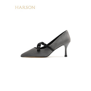 哈森2024绒面女鞋尖头细跟时装鞋浅口女单鞋HWS240193 灰色 羊反绒 35