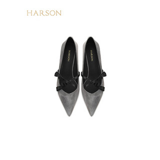 哈森2024绒面女鞋尖头细跟时装鞋浅口女单鞋HWS240193 灰色 羊反绒 35
