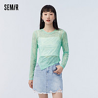 Semir 森马 长袖T恤女蝴蝶满印网纱春季新款修身不规则上衣甜酷小众