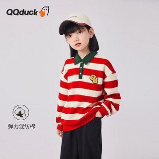 可可鸭（QQ DUCK）童装儿童卫衣女童条纹上衣青少年衣服条纹卫衣红白条；160