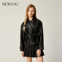 MOISSAC 摩萨克 2024春H型收腰显瘦酷飒机车风皮革外套女MWEC41302 素黑 M