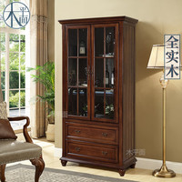 木平面 美式酒柜欧式实木酒柜复古餐厅客厅玻璃门双门储物柜陈列展示柜 奢华美式柜子(胡桃色)