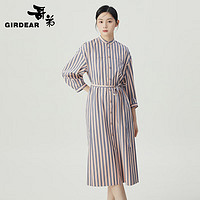 哥弟【GD】气质小立领条纹纯棉直身长款洋装连衣裙（附腰带）1500473 条纹 S(2码)