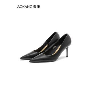 奥康（Aokang）女鞋 2024春季简约气质高跟鞋舒适通勤时尚百搭单鞋女 黑色 36