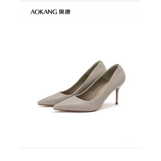 奥康（Aokang）女鞋 2024春季简约气质高跟鞋舒适通勤时尚百搭单鞋女 灰色 38
