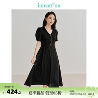 茵曼莱赛尔法式拼接连衣裙2024夏季女装新款V领短袖收腰百搭长裙子 午夜黑