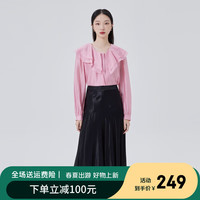 艾莱依(ERAL)商场同款粉色气质雪纺法式衬衫春季新款娃娃荷叶领长袖上衣