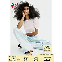 H&M女装衬衫2024春季柔软纯色棉质汗布圆领泡泡袖上衣1138084 浅粉色 170/104A L
