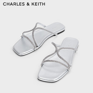 CHARLES&KEITH24春季法式凉鞋细条带平底拖鞋女CK1-70381037 Silver银色 35