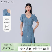 阿依莲牛仔连衣裙2024夏季新款女收腰a字泡泡袖小众开叉法式长裙高级感 牛仔蓝