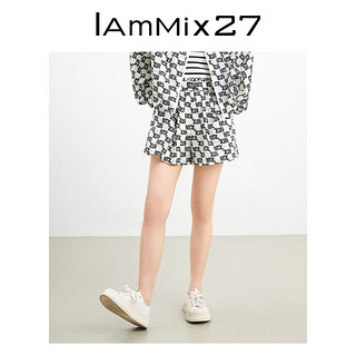 Iammix27高腰运动短裤女宽松显瘦字母印花松紧腰阔腿五分裤女薄款 黑白 S