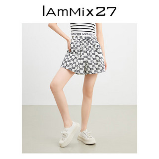 Iammix27高腰运动短裤女宽松显瘦字母印花松紧腰阔腿五分裤女薄款 黑白 M