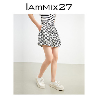 Iammix27高腰运动短裤女宽松显瘦字母印花松紧腰阔腿五分裤女薄款 黑白 M