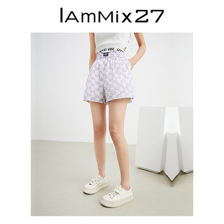 Iammix27高腰运动短裤女宽松显瘦字母印花松紧腰阔腿五分裤女薄款 紫色 M