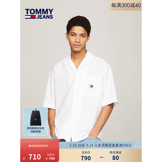 TOMMY JEANS 24春季男装纯棉撞色签字体刺绣复古合身短袖衬衫19139 白色YBR L