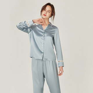 珊目尔（SMR）【设计】真丝睡衣套装女100%桑蚕丝长袖两件套丝绸家居服 雾霾蓝 165(L)
