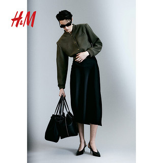 H&M2024春季女装长袖时尚复古潮流休闲带垫肩短外套1232070 深卡其绿 155/80A XS