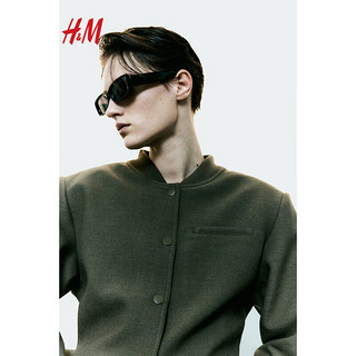 H&M2024春季女装长袖时尚复古潮流休闲带垫肩短外套1232070 深卡其绿 170/116A XL