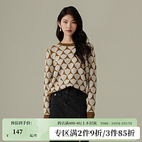 阿依莲复古宽松慵懒针织衫女2024春季圆领内搭菱格纹毛衣上衣 芥末色 L