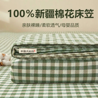 雅鹿全棉床笠罩床罩1.8x2米新疆棉100纯棉加厚单人席梦思床垫保护套罩 绿小格【100%纯棉 适合裸睡】 180*200cm三件套【床笠+枕套*2】