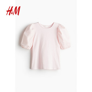 H&M 女装衬衫2024春季柔软纯色棉质汗布圆领泡泡袖上衣1138084 白色010 165/96A M