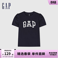 Gap女童2024春季纯棉花卉logo灯笼袖短袖T恤儿童装上衣890395 海军蓝 160cm(XL)亚洲尺码