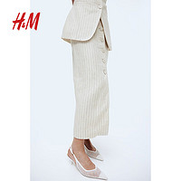 H&M女装裙子2024春季前部系扣亚麻半身裙1226469 浅米色/细条纹 155/60A