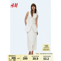 H&M女装裙子2024春季前部系扣亚麻半身裙1226469 浅米色/细条纹 160/72A