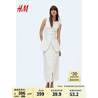 H&M女装裙子2024春季前部系扣亚麻半身裙1226469 浅米色/细条纹 160/72A