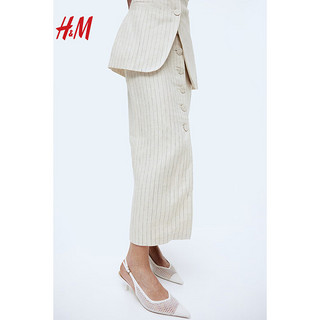 H&M女装裙子2024春季前部系扣亚麻半身裙1226469 浅米色/细条纹 160/68A