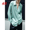 H&M 女装衬衫2024春季优雅气质修身光泽感V领长袖上衣0939703 浅灰绿色