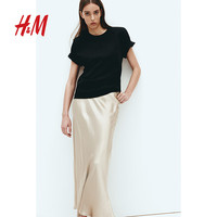 H&M女装半身裙2024春季时尚气质轻柔垂坠缎质光感长裙1184662 浅米色 155/64A
