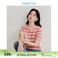 茵曼(INMAN)薄款花朵条纹针织衫2024夏季女装新款显瘦提花短袖套头上衣 藕粉色