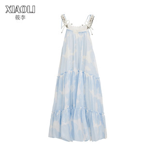 【设计师品牌XIAOLI筱李】蓝白花朵桑蚕丝吊带多巴胺连衣裙女