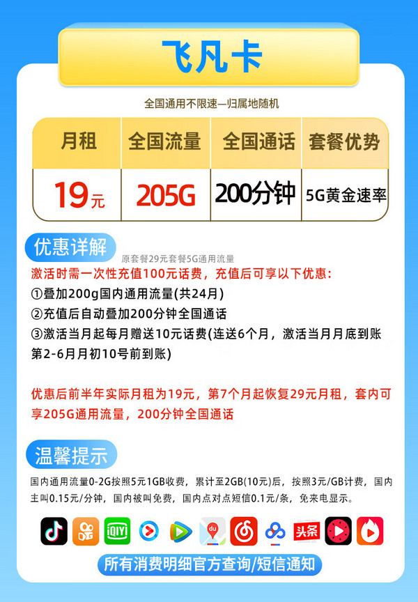 UNICOM 中国联通 飞凡卡 半年19元月租（205G流量+200分钟通话+5G黄金速率）激活赠2张20元E卡