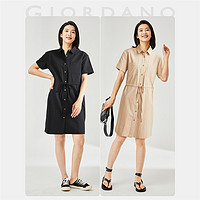 GIORDANO 佐丹奴 裙子女装纯棉绑带束腰短袖衬衫连衣裙 05462319