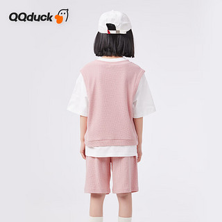 可可鸭（QQ DUCK）童装女童套装夏儿童运动短袖短裤青少年衣服华夫格皮粉；130