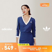 adidas侧开叉长款运动V领中袖连衣裙女装春季阿迪达斯三叶草 中古蓝 M