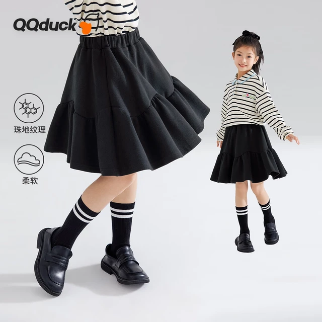 可可鸭（QQ DUCK）童装儿童短裙女童半身裙JK校园风衣服可可花苞黑色；160