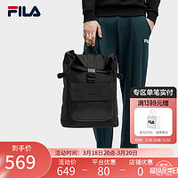 FILA 斐乐 官方男士背包2024春新款时尚潮流翻盖双肩包书包电脑包 正黑色-BK XS