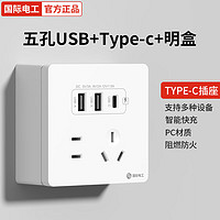 fdd 国际电工 明装插座五孔插座带USB+type-c手机充电86型明线家用电源墙壁开关 五孔Type-C+明装底盒