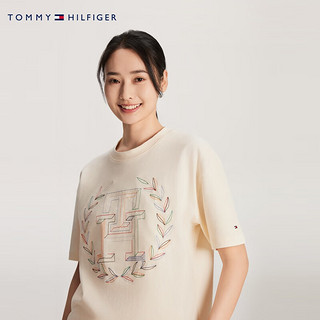 TOMMY HILFIGER  24春季女纯棉时尚彩色刺绣宽松针织短袖上衣WW0WW41216 米白色AEF XS