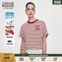 TEENIE WEENIE 小熊2024年条纹圆领撞色短袖T恤宽松氛围感短款上衣 红色 160/S